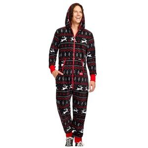 Tipsy Elves Men's‎ Small Unisex Black and Red Fair Isle Jumpsuit Onesie Reindeer